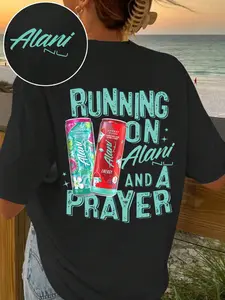 Women's Energy Short Sleeve T-Shirt, Funny Motivational Caffeine Print, Casual Loose-Fitting Summer Top, Alani Prayer Pattern