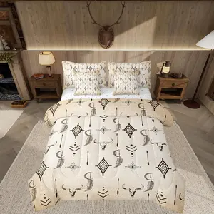 Bull Skull Comforter Set with Sheets Ethnic Horns Boho Queen Size 7 Piece Bedding Set for Kids Adult Black Brown Tribal Mysterious Aztec Bed in a Bag
