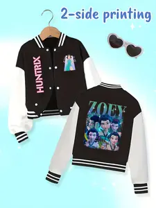 Girls Kpop Demon Hunters Korean Style Fall Winter Comfort Fashion Baseball Jacket Zoey Cartoon Print Sports Hoodie Perfect Christmas Gift