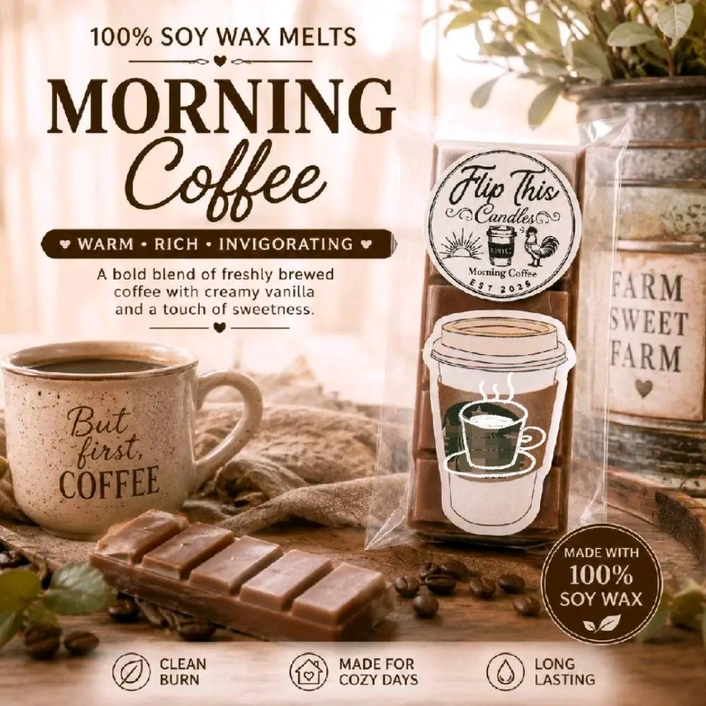 100% Soy Wax Melts Morning Coffee Scent Snap Bar Wax Melt Strong Coffee Aroma Handmade Enjoy the rich aroma of freshly brewed coffee with these 100% soy wax snap bar melts. Hand-poured with premium soy wax and a Morning Coffee fragrance, each bar is desig
