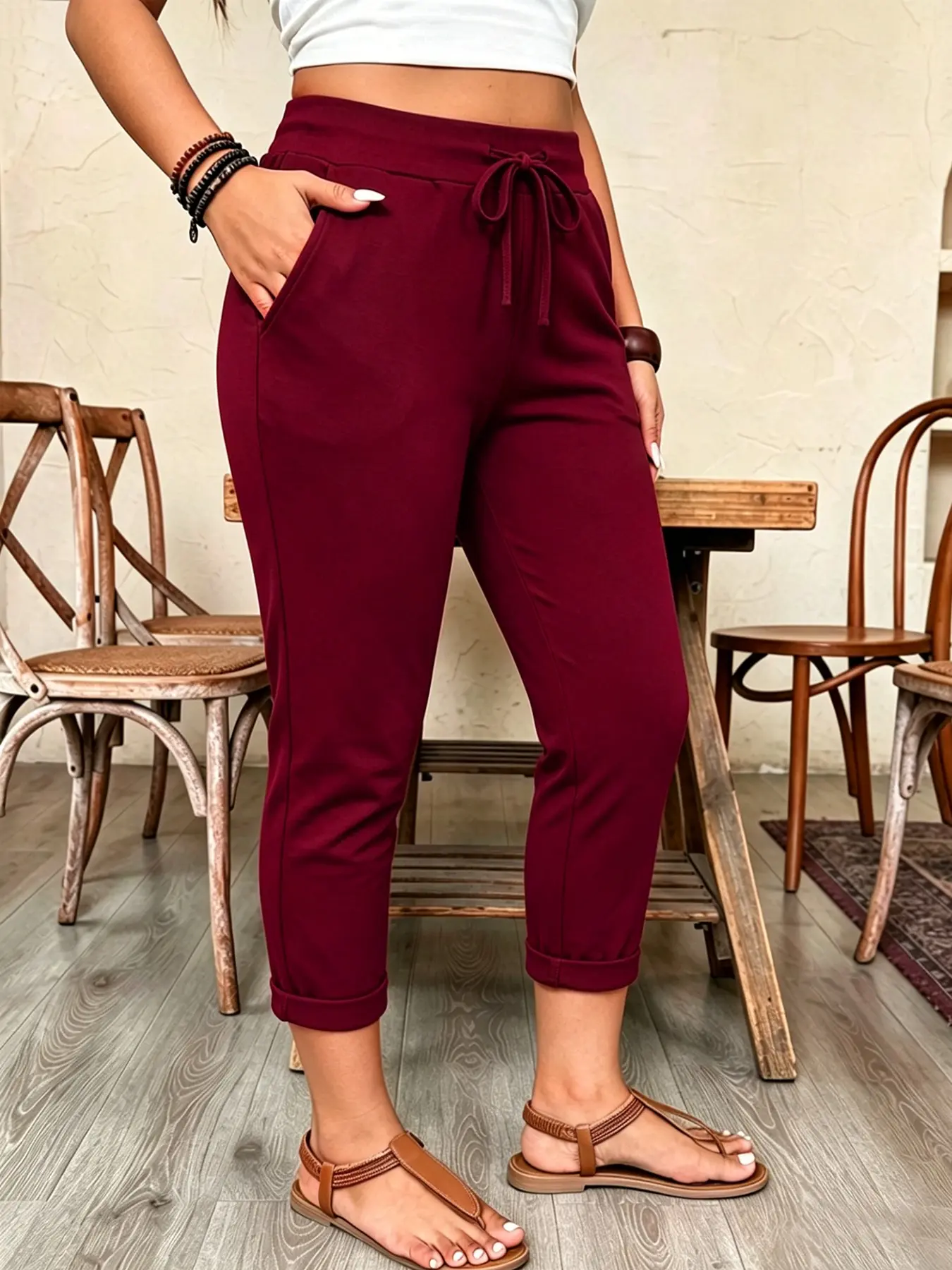 Plus-size casual pants, Bottoms, suitable for all body types, made of stretch fabric, with rolled cuffs and side pockets adding stylish details. Perfect for running errands, brunch, or relaxing casually. Loungewear #Sweatpants #OOTD #Womenswear