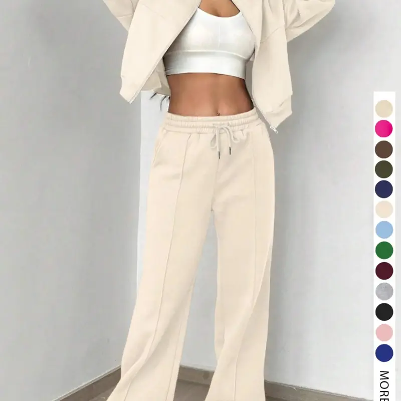 【LovelyWholesale】Women's Casual Striped Long Sleeve Zipper Cropped Jacket and Pants Set, Airport Wear, Fitted Natural Waist,Ladies Clothes for All Seasons