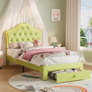 Avocado Green Twin Size Bed Frame for Girls with Storage Drawers & LED Lights, Upholstered Platform Bed, Velvet Crystal Button Princess Bed, Noise-Free Slats, No Box Spring Needed for Kids, Teens