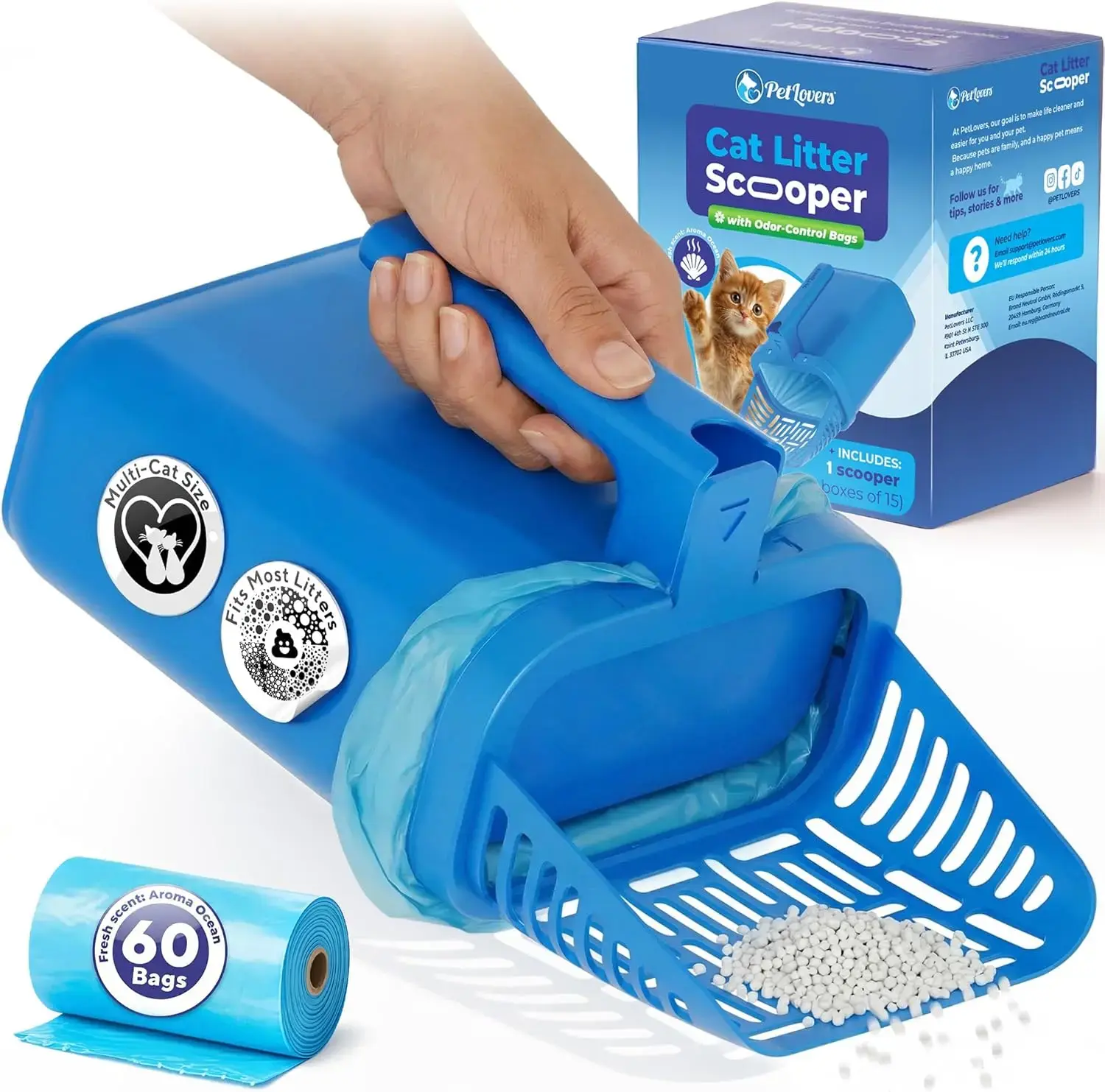 Cat Litter Scooper with Built-in Bag, No-Touch One-Handed Kitty Litter Scoop for Open-Top Boxes 14+ Inches Wide, Hinged Clumping Poop Shovel, Seal & Toss Waste System (Bags Included)