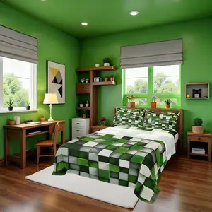 Pixelated Miners Gamer Bed Sheets,Video Games Cartoon Gamepad Easy Wash Bedding Set,Modern Geometric Check Kids Room Decor,Green White Sheet(Fitted+ Flat Sheet)