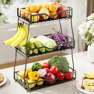 3 Tier Fruit Basket for Kitchen Countertop with 2 Banana Hangers,Detachable Metal Fruit Bowl with Wooden Handles and Protective Pads,Large Capacity Fruit and Vegetable Basket Organizer,Black