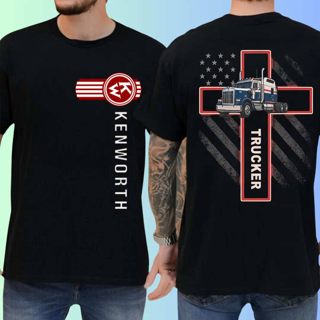 Kenworth Faith 2-Side Short-Sleeve Round Neck Casual Streetwear Menswear Trucker T-Shirt - American Semi Truck Graphic Tee, Cross and Flag Over-the-Road Unisex Top, Classic Long Haul Outfit