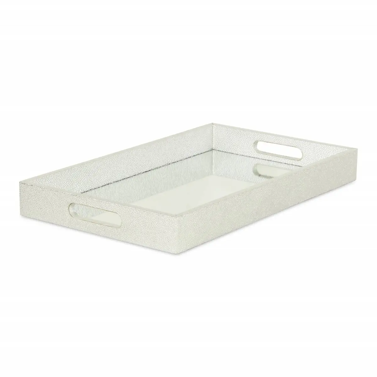 HomeRoots 483293 16 in. Rectangular Wood Handmade Tray with Handles, Silver