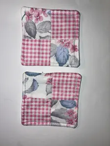 Pink Plaid and Blue Flower Quilted Coaster Set - 2 Pack