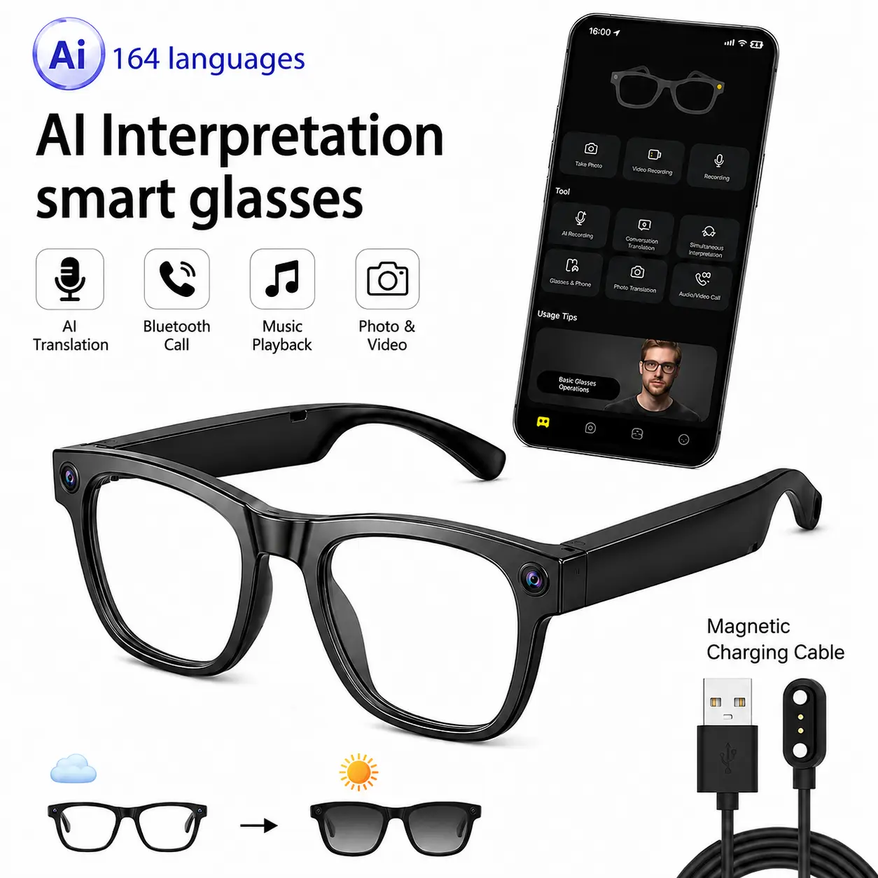 AI Camera Glasses with 8MP Photochromic Lenses ,Audio Glasses for Men And Women，Button Touch Adjustment for Travel Outdoor Adventures Hands-Free Photography 160+Languages Real-Time Translation Bluetooth Wireless Wearable Video Recording UV Protection