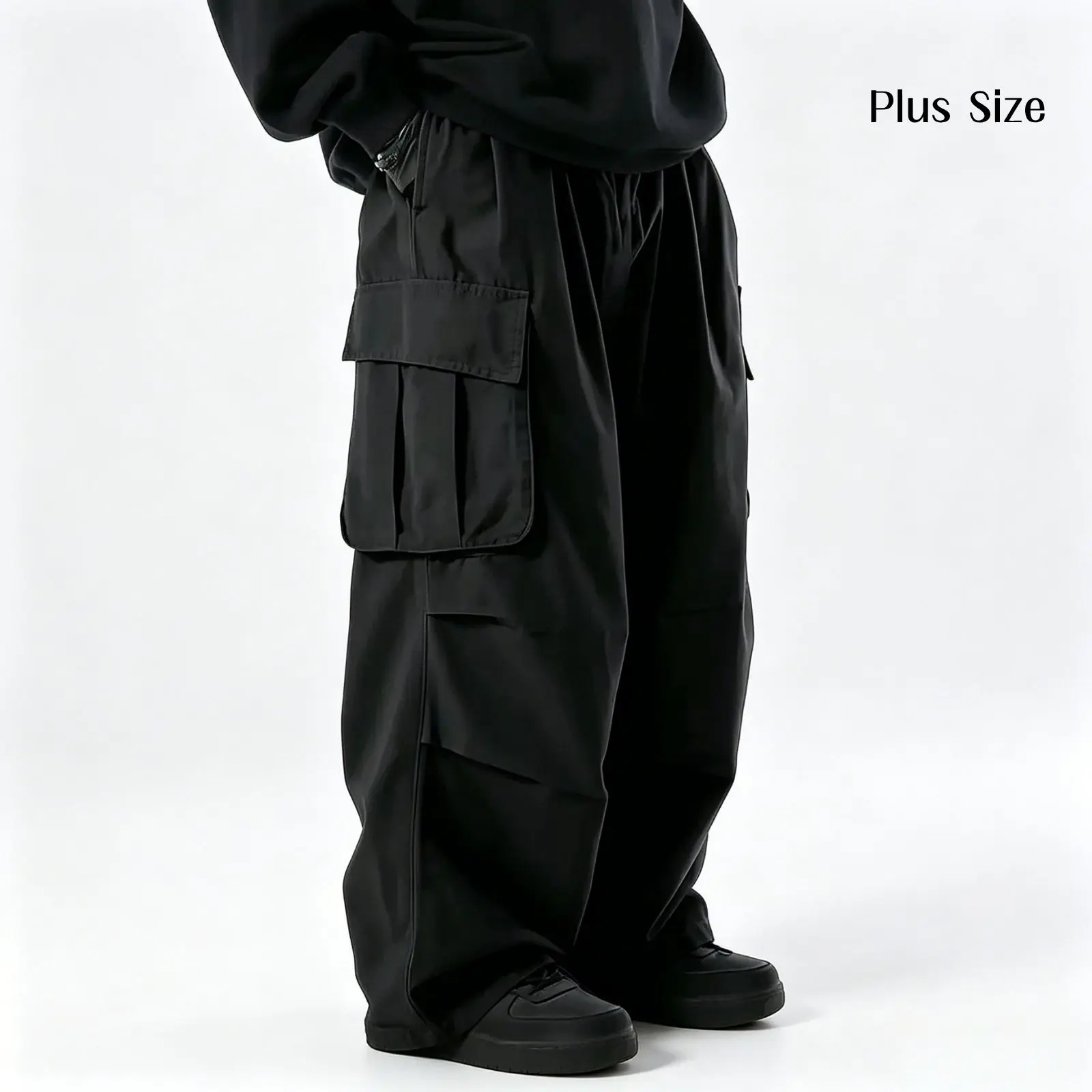Men's Plus-Size Cargo Pants, Casual Oversized Wide-Leg Pants with Elastic Waistband and Multiple Pockets, Machine Washable, Large Wide Men's Pants