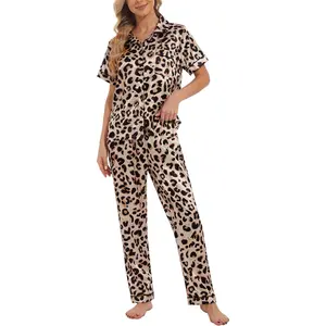 Womens Silk Satin Pajamas Set Short Sleeve Sleepwear Soft Button Down Loungewear Two-piece Pjs Sets XS-XXL