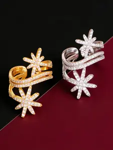 Sparkling Cubic Zirconia Starburst Open Ring | Adjustable Cuff Ring | Trendy Minimalist Jewelry for Her