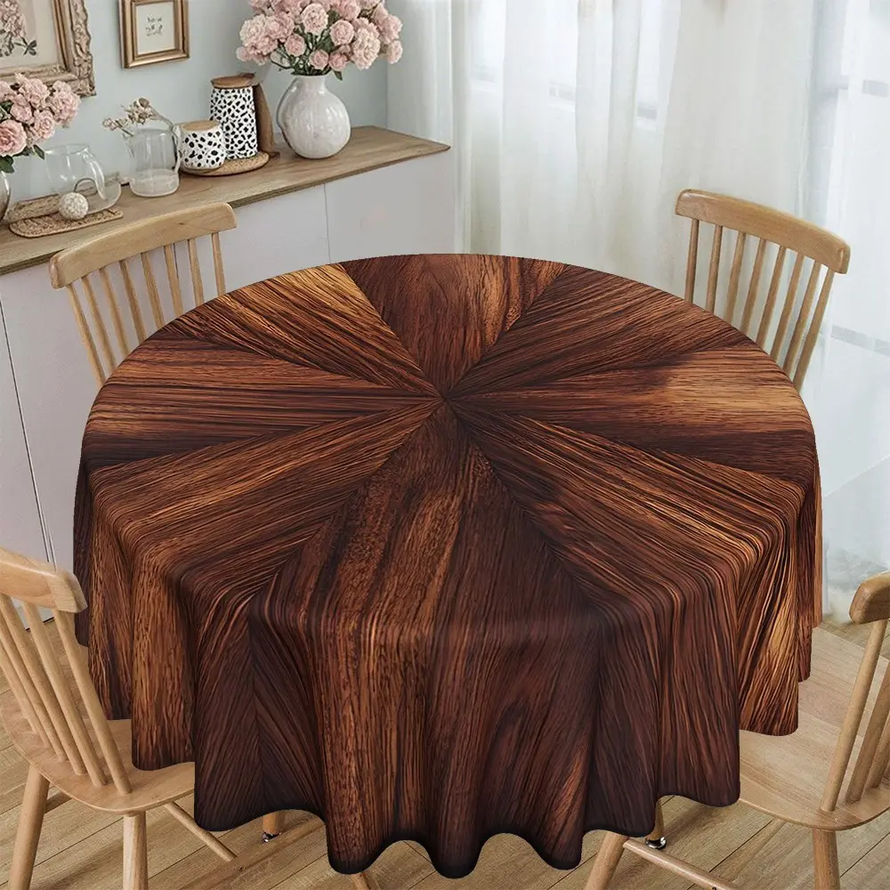 1pc Radial Dark Brown Wood Grain Printed Round Tablecloth, 120g/m² Twill Polyester Material, Protective and Decorative Table Cover with Rustic Charm for Parties, Gatherings, Daily use, Dining room, Kitchen, suitable for Hotels, Restaurants