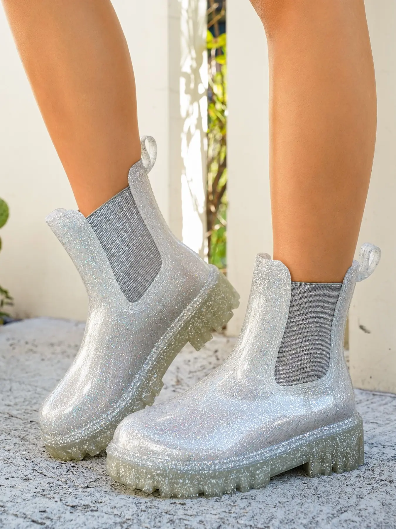 Transparent Sequined Chelsea Rain Boots for Women, Thick Sole Anti-Slip Waterproof Fairy Style Mid-Calf Boots, Casual All Season Short Rain Shoes