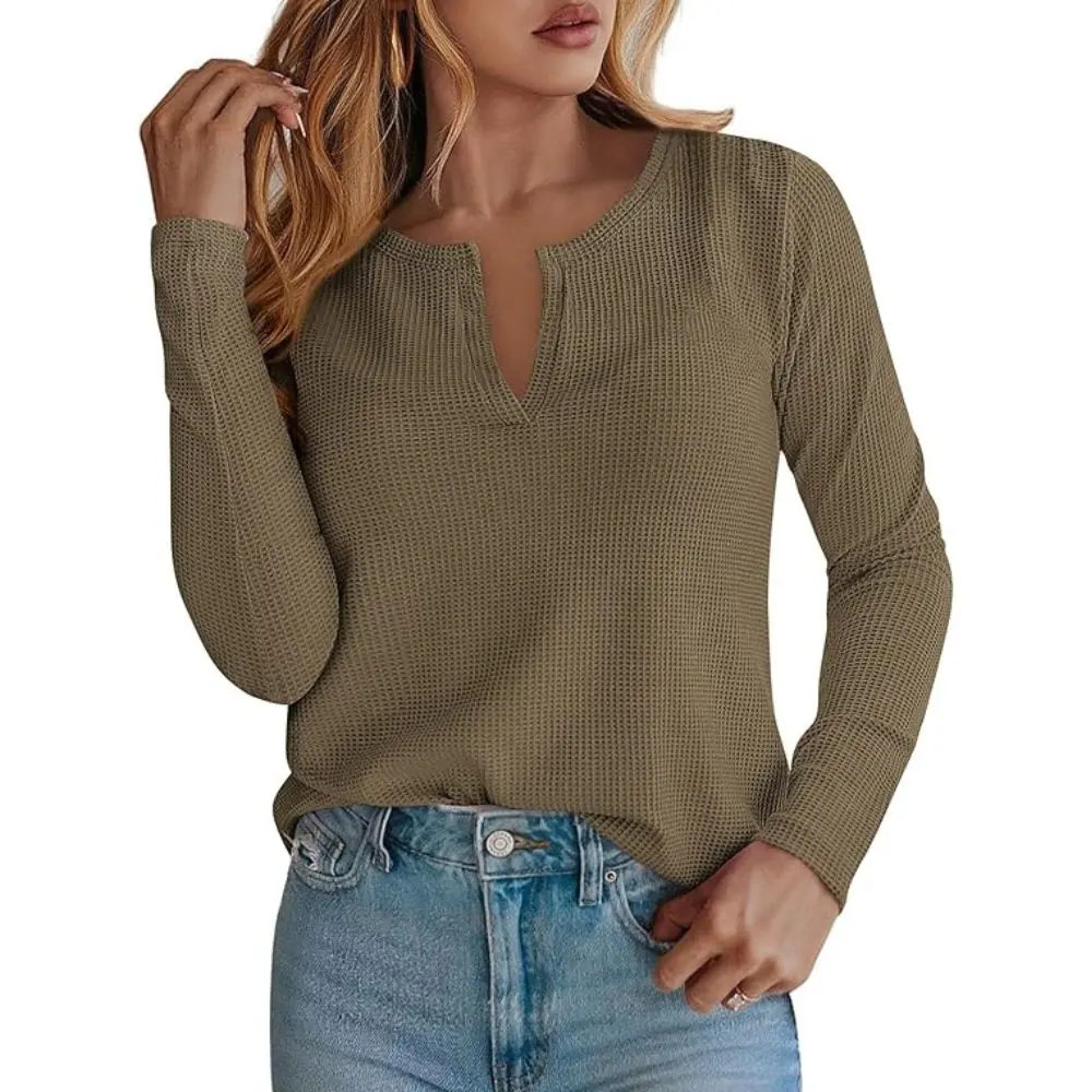 PrettyGarden Womens' Waffle Knit Top Long Sleeve Shirts Fall V Neck Basic Tee Dressy Casual Winter Blouses Knitted Tunic Tops