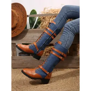 Women's fashionable color blocked high top boots, casual denim style, with side zipper design, fashionable daily shoes, patch design boots gift (gift) (gift)