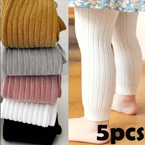 Girls' Ribbed Leggings (5pcs) - Soft, Stretchy, Comfort Fit, Vibrant Colors, Polyester-Spandex Blend, All Seasons Wear - Hand Wash Only