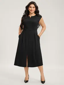 BLOOMCHIC Lady's Stretchy Waist Pleated Sleeved Pocket Midi Dress - Spandex Fabric Garment, Basic Casual Fit Womenswear for Swimweek,summerwins,Spotlight,Summer wins,Deals for you days