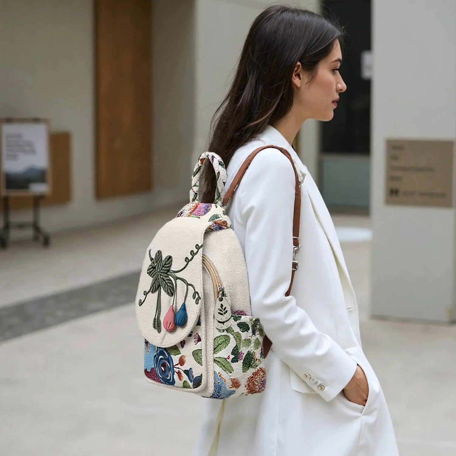 Women's Hand-Woven Canvas Backpack - Flower-Patterned, Hand-Embroidered, Zipper Closure, Side Pockets, Ample Room, Multi-Purpose Daypack for Organized Lifestyle, Holiday Use, Artisanal Ethnic Retro Design, Flowers, Artisanal Craftsmanship, Ethnic Craftsma