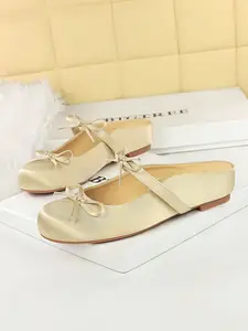 1633-1 French Satin Bow Knot Slippers, Open Toe Design with Hollow Out Feature, Women's Stylish Elevated Round Toe Sandals, Elegant Fashionable Sandals