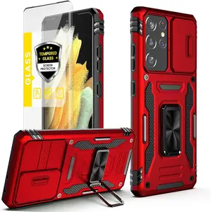 Phone Case for Samsung Galaxy S21 Ultra Case with Slide Camera Cover + Tempered Glass Screen Protector, Rugged Military-Grade Armor Protective Phone Case with 360°Rotatable Kickstand (Red)