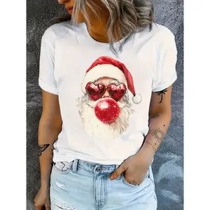 Women S Santa Claus Christmas T Shirt with Heart Glasses Gum Blowing Print Short Sleeve Crew Neck Casual Red and White Cartoon Party Top for Holiday Celebrations