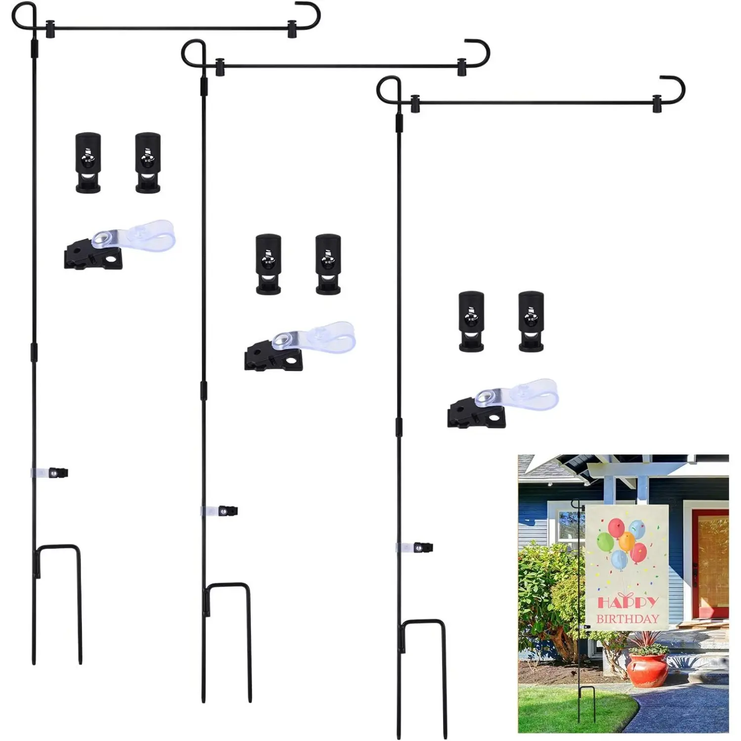 FEPITO 3 Pack Metal Garden Flag Poles with Removable Holders & Anti-Wind Clips for Outdoor Decorative Flags 34 Inch Length Rust-Proof Durable Design, Front Yard Flagpoles, Garden Pole Set