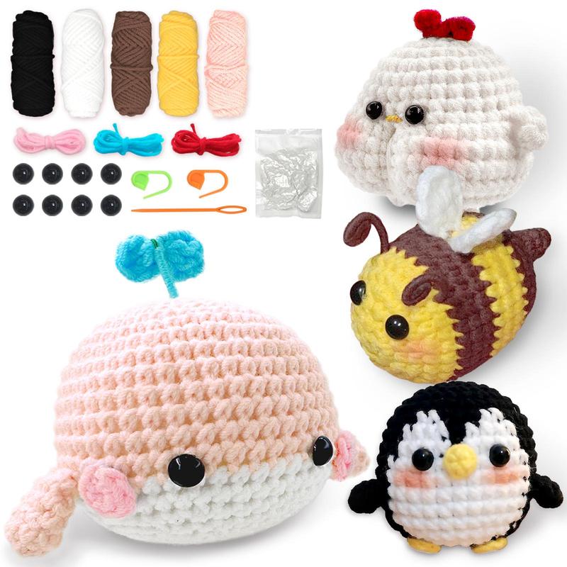 4 PCS Animals Crochet Set with Step-by-Step Video Tutorials, Penguin, Bee, Chicken, Whale, Crochet Set for Beginners, Crochet Animal Kit For Beginners Include Videos Tutorials,Yarn,Seam Markers,And Instructions,(Random Color）, Crochet Items
