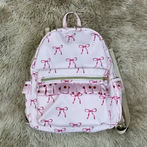 Pink bow polka dots ruffle kids girls backpack
