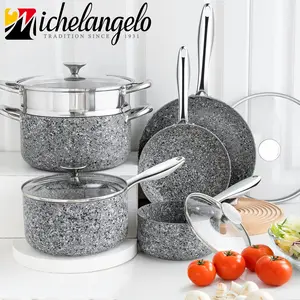 MICHELANGELO Stone Cookware Set 10 Piece, pots pans set, Ultra Nonstick Pots and Pans Set with Stone-Derived Coating for Kitchen, Granite - 10 Piece