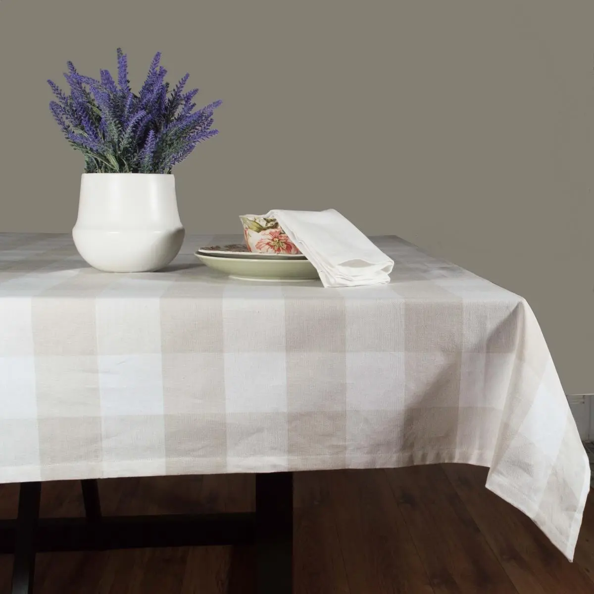 212 MAIN 54 in. Oversized Hemstitched Cotton Checkered Farmhouse Dining Tablecloth, Wheat & Cream Washable Table Cover for Dining Decor (Tablecloth Only)