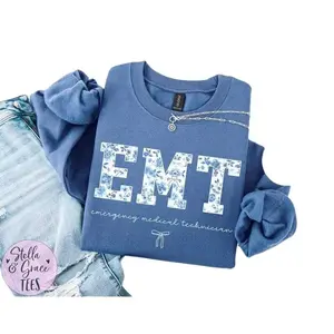 EMT T-Shirt / Sweatshirt / Hoodie, Emergency Medical Technician shirt, Boho Floral EMT Sweatshirt , Blue Toile Paramedic Shirt Cotton Fabric BDP