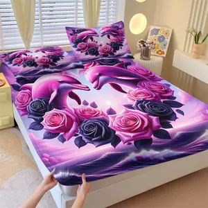 Valentine'S Day Themed 3-Piece Cartoon Dolphin Pattern Fitted Sheet Set, Rose Design Bedding Set, Suitable for Decorating Couple'S Room and Wedding Room Layout, Including 1 Fitted Sheet and 2 Pillowcases, Decorative Bedsheet Sets