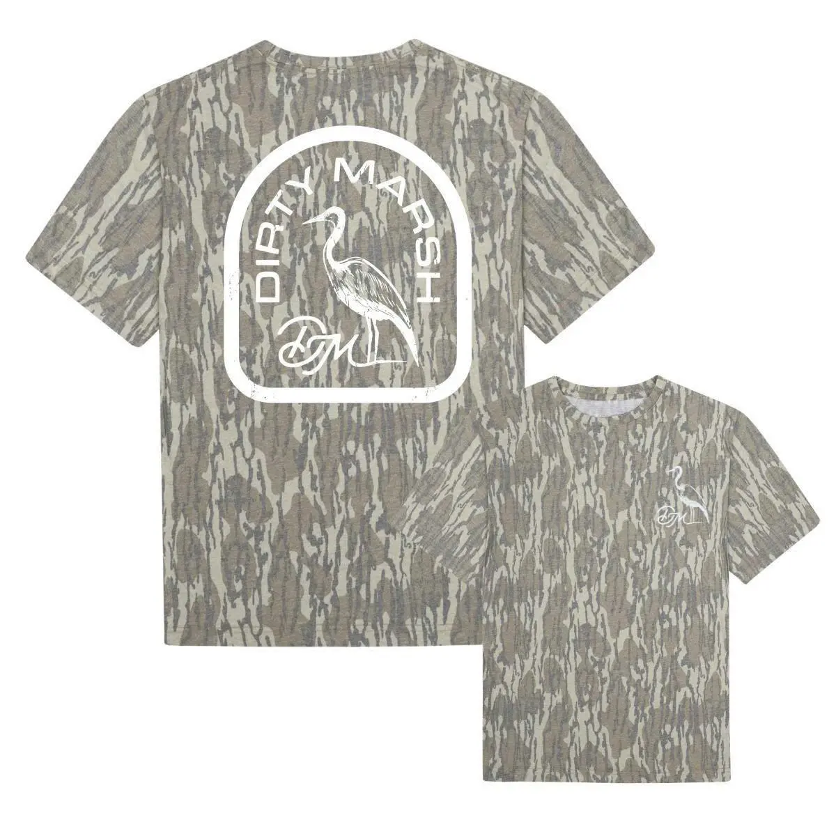 Dirty Marsh Heron Camo Graphic Tee - Unisex Tree Bark Hunting T-Shirt for Men and Women Outdoor Coastal Lifestyle Streetwear