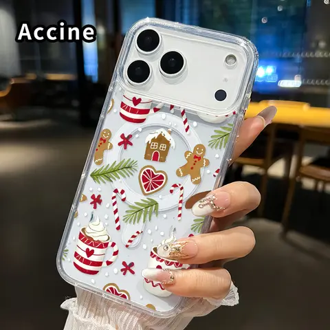 Magnetic Ginger & Green Christmas Pattern Silicone Cellphone Casing for iPhone 17,16 Pro Max Plus,15,14,13,12,11,Air E - Hard Acrylic Back, Soft Edge Bumper, Shockproof Wireless Safety, Transparent Aesthetic Women's Handheld Devices Gift Accessory