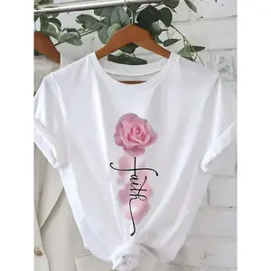 Casual T-Shirt With Pink Rose & 'Faith' Cursive Print Short Sleeve Round Neck Blouse - Daily Wear Summer Top