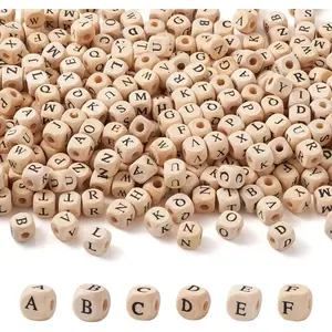 520 count/bag Cube  Beads with Initial 26 Letters 10mm  Square Alphabet Wooden Loose Beads for  DIY Crafts Making PapayaWhip