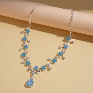 Elegant Blue Floral & Teardrop Gem Necklace with Sparkling Accents Perfect for Parties, Weddings & Special Occasions