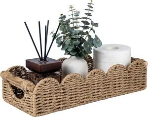 Bathroom Basket Organizer with Cut Out Handle, Back of Toilet Paper Storage Tray for Bathroom Countertop Decor, Scalloped Wicker Basket Suitable for Home Decor, Living Room, Neutral