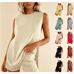Women's  2 Piece Outfits Summer Knit Sweater Set Sleeveless  Tunic  Top Matching Shorts Trendy Beach Vacation Sets