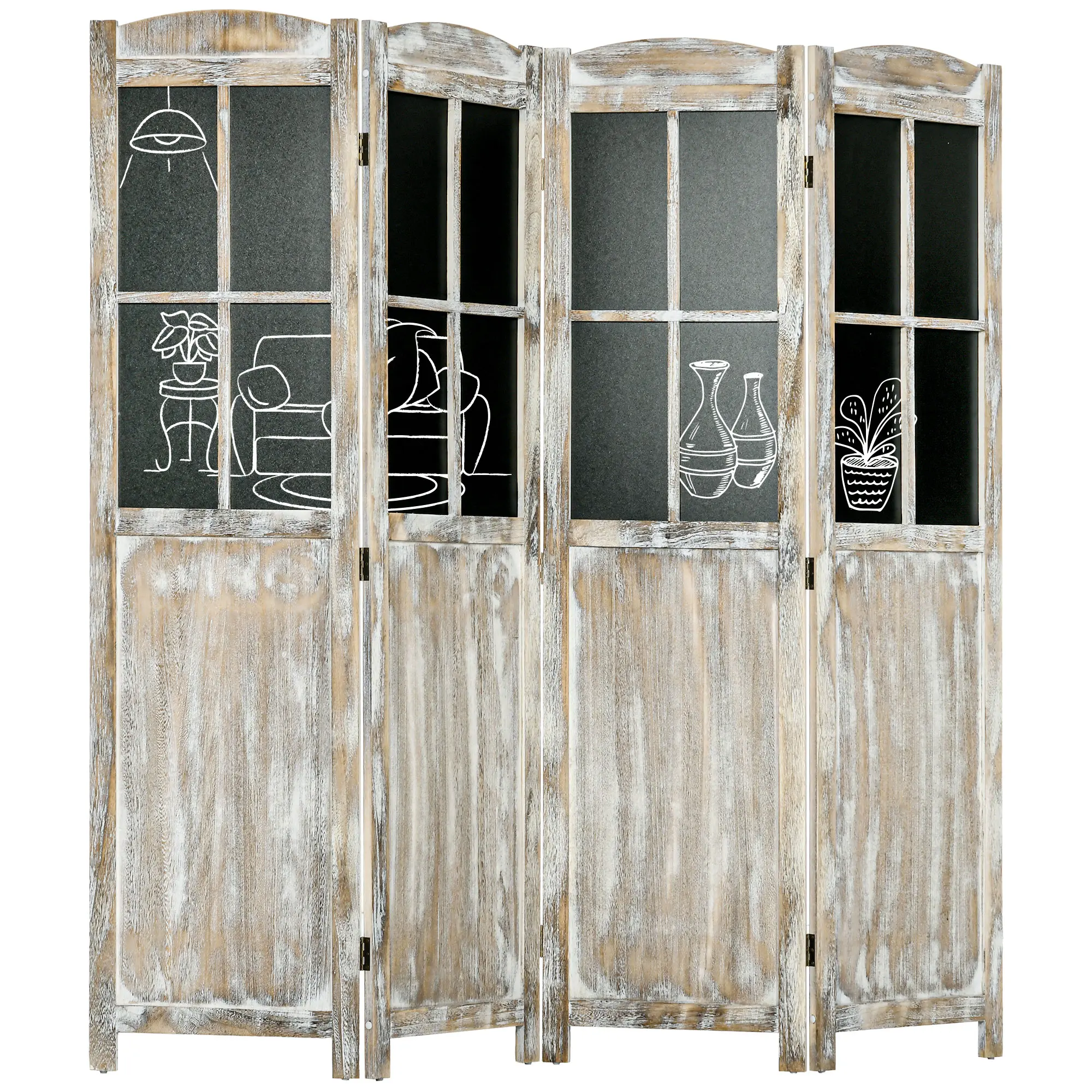 4 Panel Room Divider, 5.6' Tall Farmhouse Style Folding Indoor Portable Wood Privacy Screen with Black Boards, Hinged Freestanding Partition Wall Dividers for Home Office, Natural