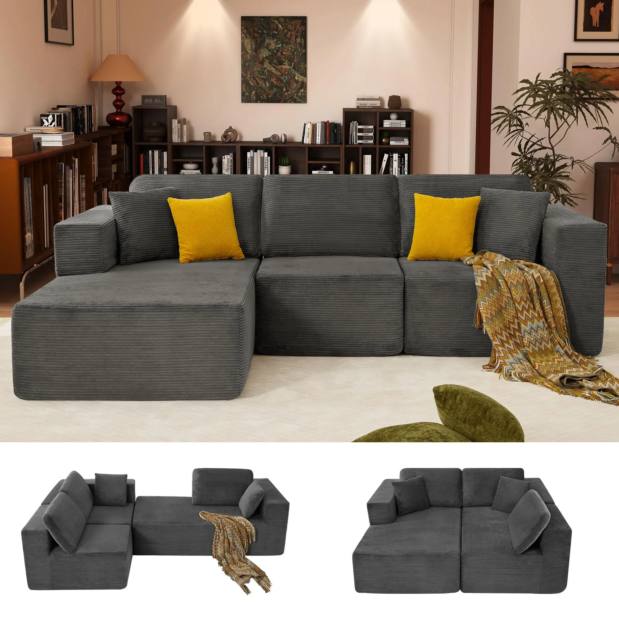 JONPONY 109” Cloud Sectional Couch, Boneless Modular Sofa with L-Shape Chaise, Deep Seat Corduroy Couch, No Assembly Required, Modern Upholstered Sectional for Living Room Apartment Bedroom