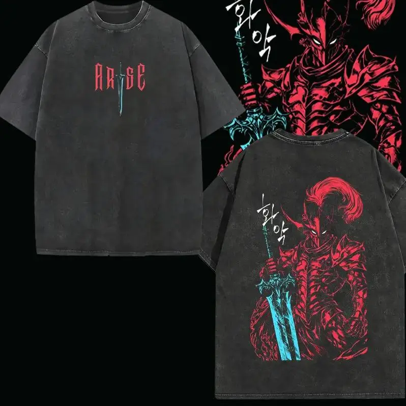 Unisex Menswear Igris Vintage Washed Oversized Casual Short Sleeve Distressed Heavyweight Cotton T-Shirt & Hoodie - Solo Leveling Shadow Knight Commander Anime Graphic, Absolute Loyalty Silent Blade Festive Streetwear, Top