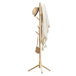 Wooden Coat Rack Stand with 8 Hooks New Zealand Pine 3 Adjustable Coat Standing Tree Easy Assembly for Coats, Hats, Scarves and Handbags for Entryway, Hallway, Bedroom, Office