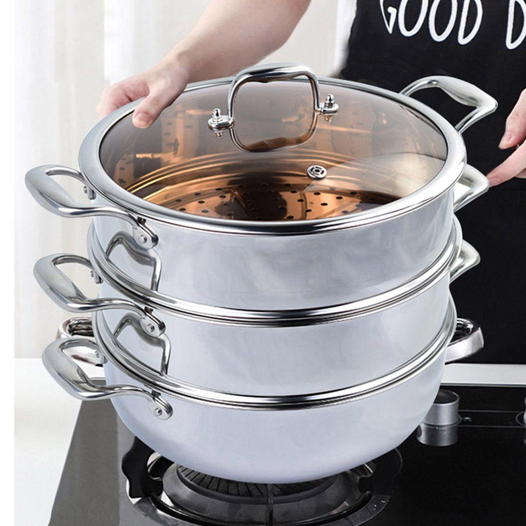 SOGA 3-Tier 30cm Heavy-Duty Stainless Steel Food Steamer – Stackable Vegetable Pot with Glass Lid, Multi-Layer Pan Insert for Healthy Cooking, Steaming Meat, Fish, and Vegetables