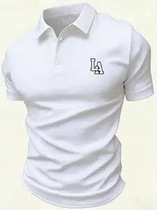 Men's Classic La Embroidered Polo Shirt, Golf Casual Street Style Top, Los Angeles Letter Print Short Sleeve Collared Tee
