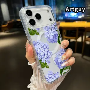 Magnetic Phone case for iPhone 17 16  Pro Max Plus 15 14 13 12 11 Air E Lavender Hydrangea Grace Pattern Non-Yellowing Shockproof Soft Silicone Transparent Acrylic Large Hole Cover Supports Wireless Charging
