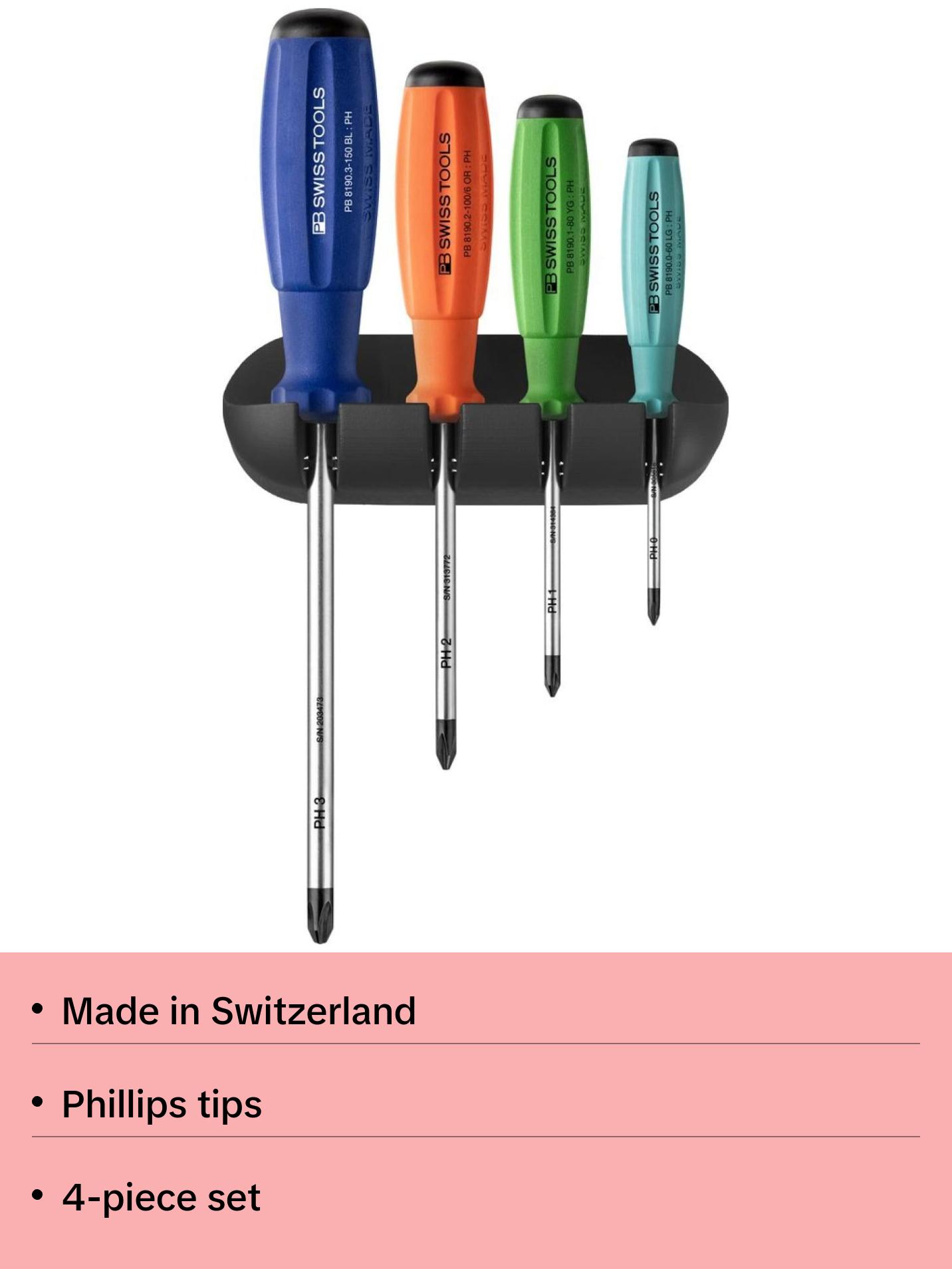 PB Swiss Tools PB 8242.RB CBB Rainbow SwissGrip Screwdriver Set, Phillips, 4 pcs w/ Wall Mount