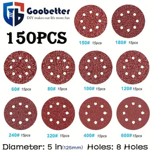 150 Piece Red Sanding Wheel Set, 5” Aluminum Oxide with Hook and Loop Backing, Mixed Grit #60-#600 for Metal and Woodworking - For Orbital Sanders